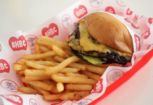 Burger and fries in a paper lined basket at Broken Hearts Burger Club, Morningside  