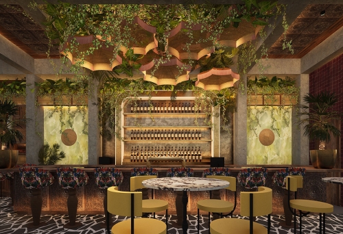 Luxe bar, back-lit with jade onyx stone slabs at  Lúc Lắc Brisbane CBD