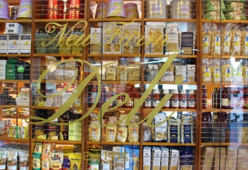 Looking inside front window at New Farm Deli