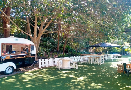Crepe caravan at edge of garden at The Secret Garden Ferny Hills