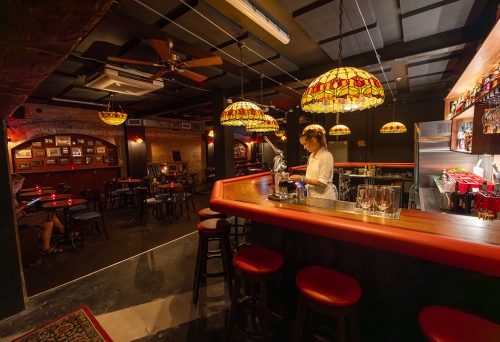 Bar and lead lights inside Shaman