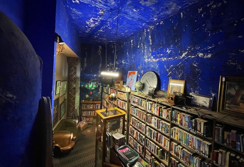 Books on shelves with blue rear wall inside The Cupboard Under The Stage, Empire Revival, Paddington