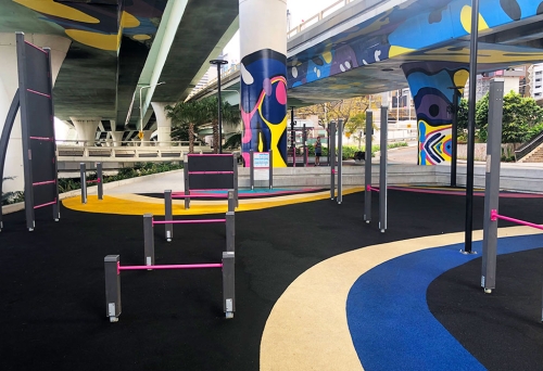 Waterline Park Gym, Queens Wharf Precinct, Brisbane CBD, outdoor exercise, parkour, calisthenics, wheelchair accesible, balance beams, Brisbane time capsule, mangrove walk