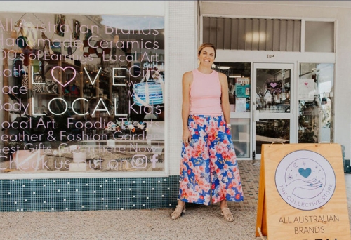 Woman standing outside The Collective Store, Wynnum