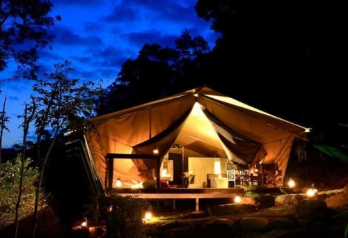 Tent at night at Nightfall Glamping 