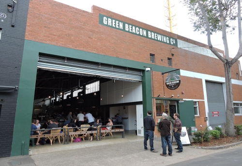 Red brick warehouse entrance to Green Beacon Brewing Co Teneriffe