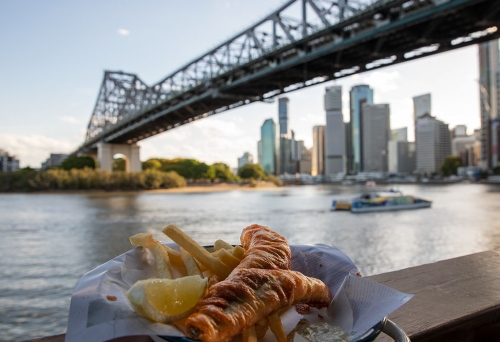 Fish & chips on ledge at Felons Brewing