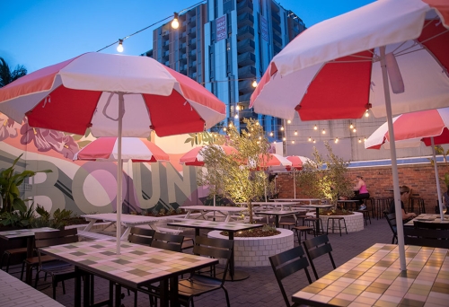 Umbrellas on rooftop at Boundary Hotel