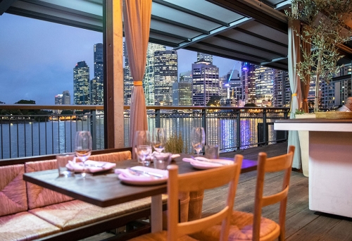 Interior seating overlooking Brisbane River at Greca, Howard Smith Wharves