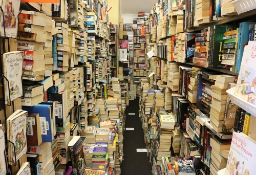 Books on shelves and stacked on the floor inside The Really Good Bookshop Hillcrest
