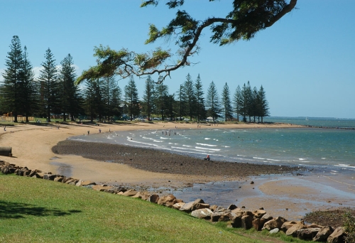 Scarborough Beach and park by the sea surrounded by Norfolk Pine trees