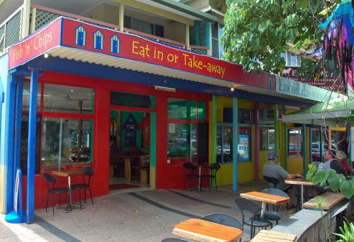 The Boat Shed Fish'n'Chips painted shop front in Scarborough