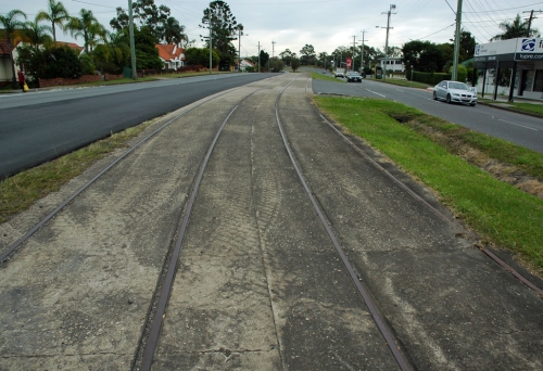 Old tram tracks in middle of the road in Camp Hill Brisbane 
