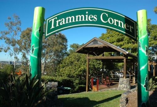 Trammies Corner sign and park in Paddington