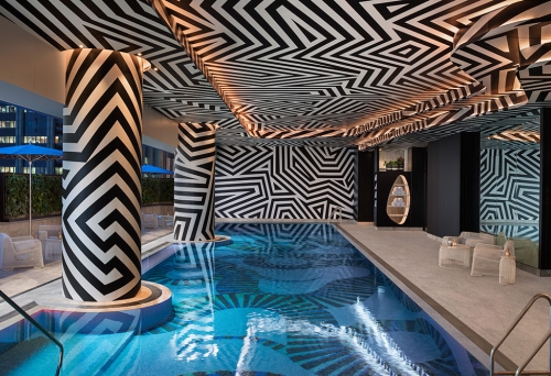 Interior pool with black & white columns, walls and ceiling at W Brisbane