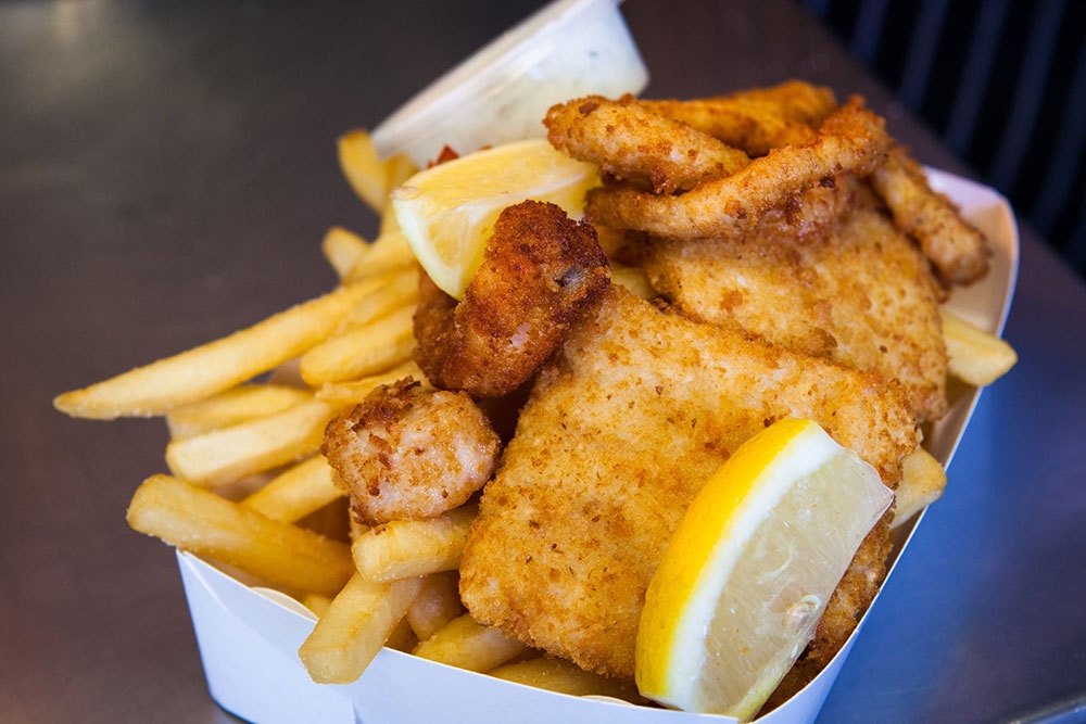 Selection of seafood and chips at The Fishery, Brisbane