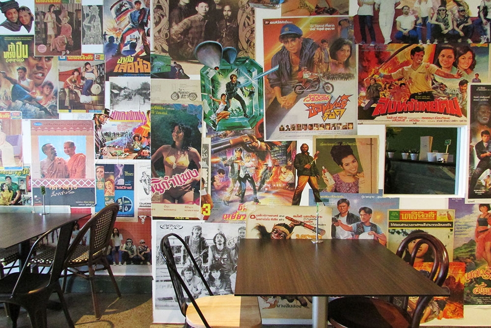 Wall of retro Thai movie posters at Banana Leaf East Brisbane