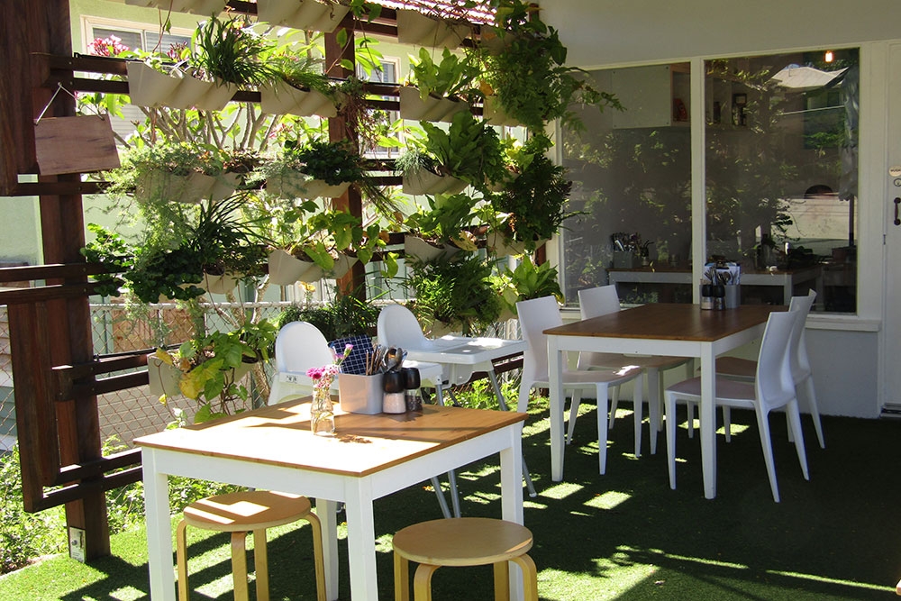 Courtyard seating with plants hanging inside The Colour Nine Cafe Stafford