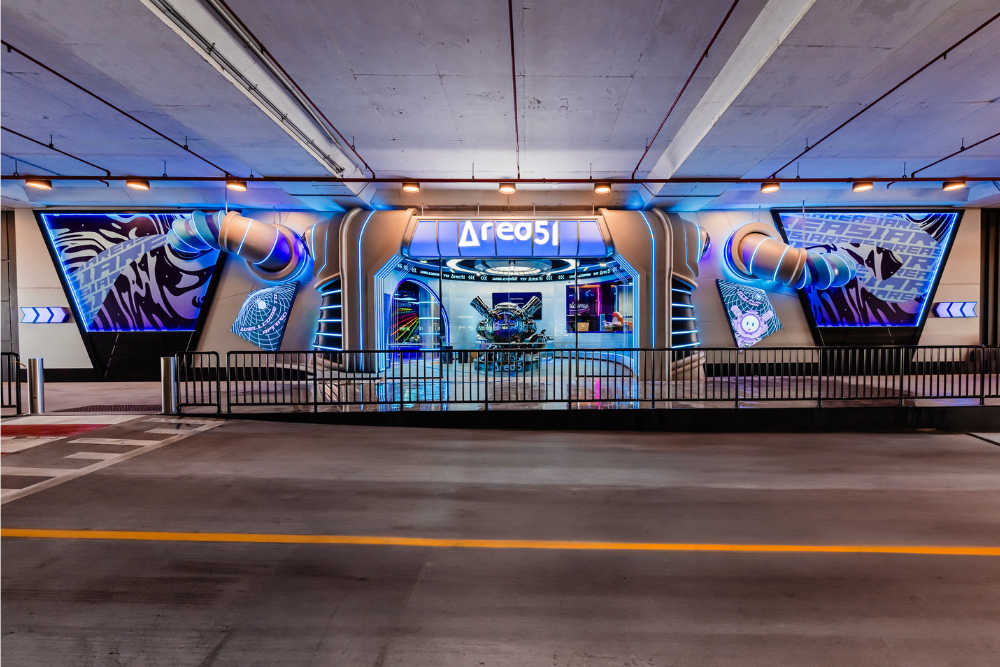 Neon lit entrance to Area 51 at Westfield Mt Gravatt 