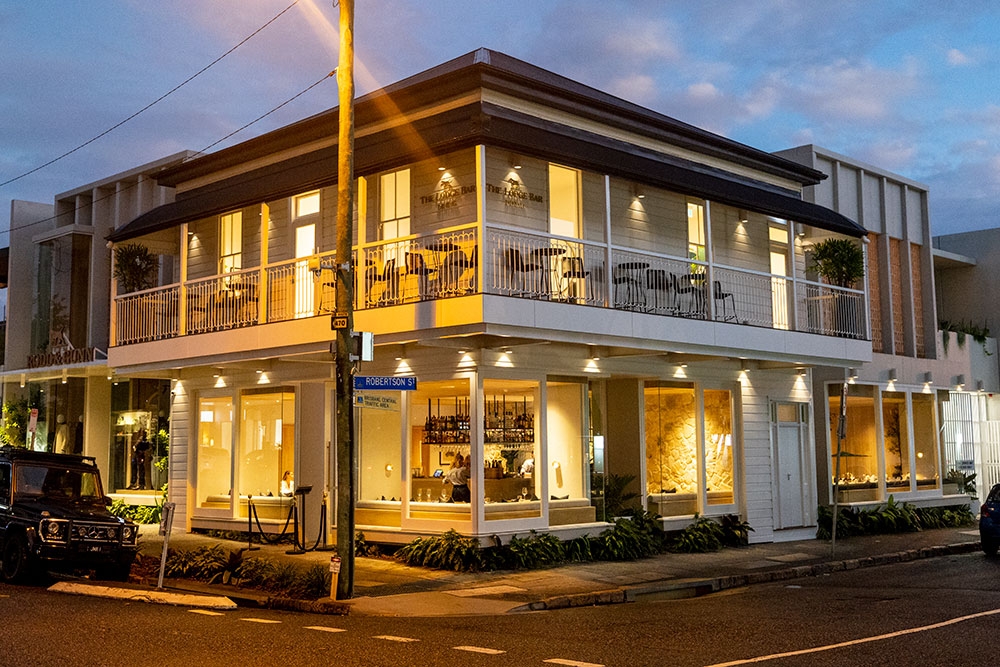 Lit-up exterior of Rodd & Gunn's The Lodge Fortitude Valley