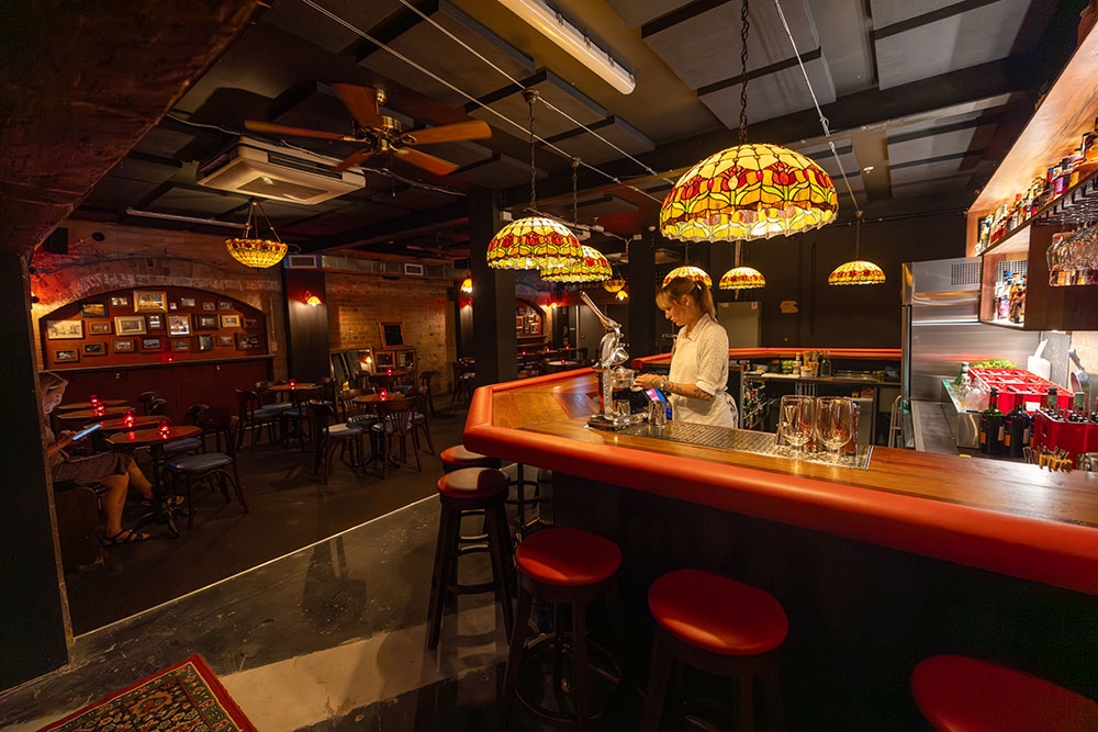 Bar and lead lights inside Shaman