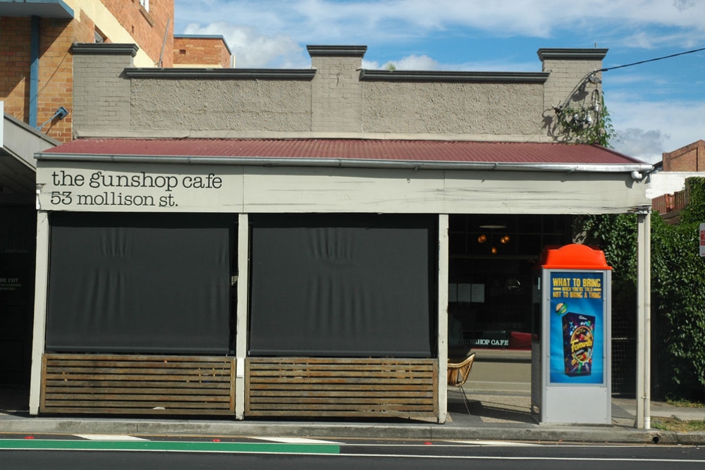 Gunshop Cafe's shop front on street