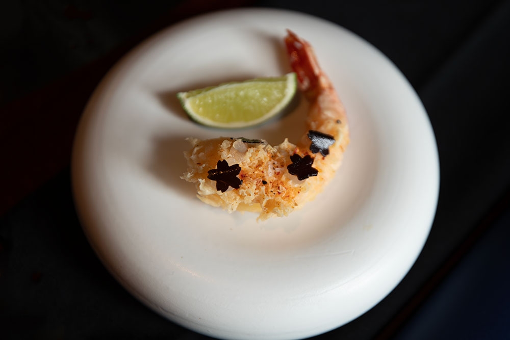 prawn on plate at +81 Aziome Bar