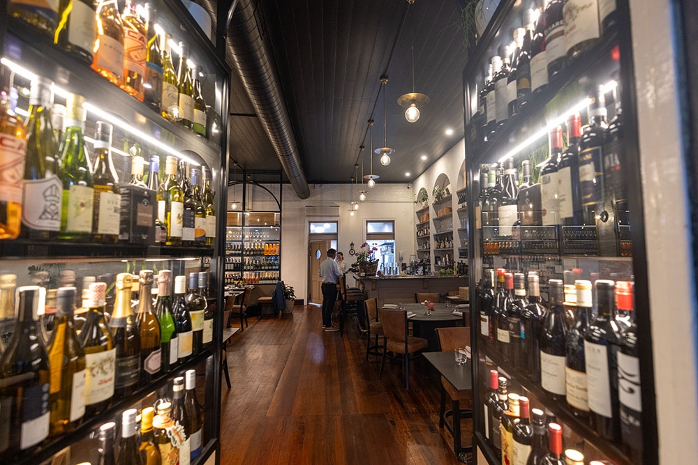 Wine wall and bar inside Attimi Restaurant, Paddington