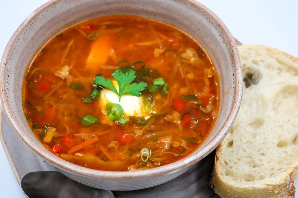 Bowl of Ukrainian soup at BK Pizzeria & Cafe
