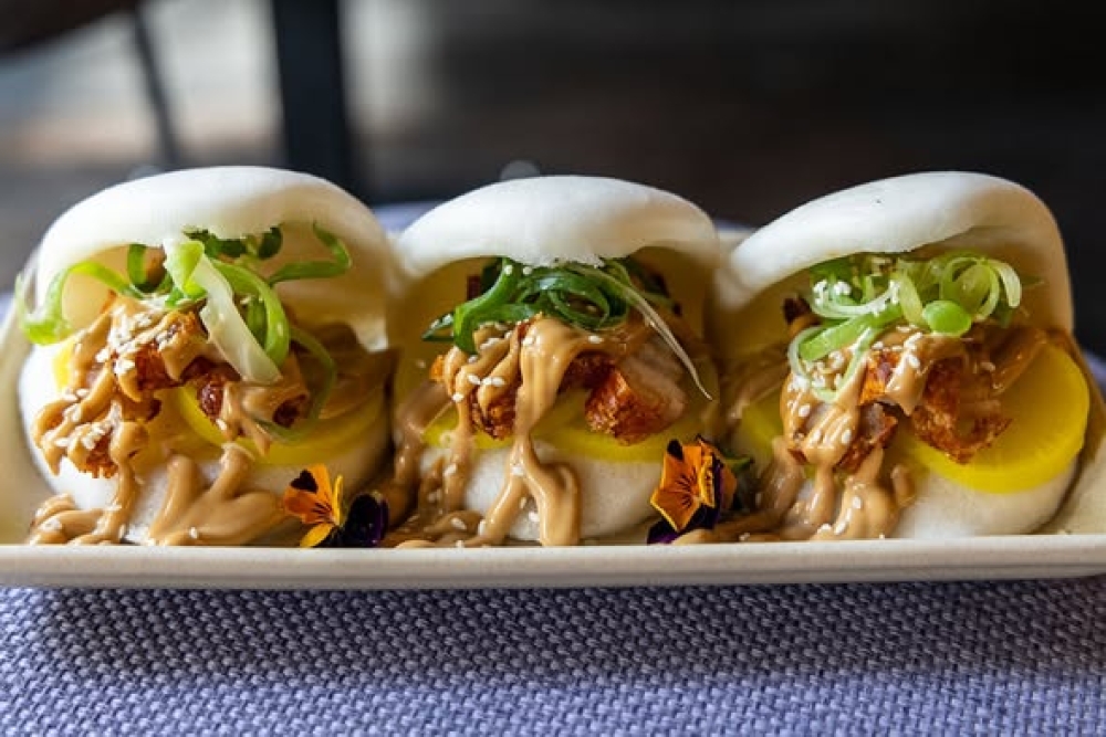 Bao Buns filled with Crispy Pork Belly and teriyaki mayonnaise sauce at Boo's Kitchen, Woolloongabba