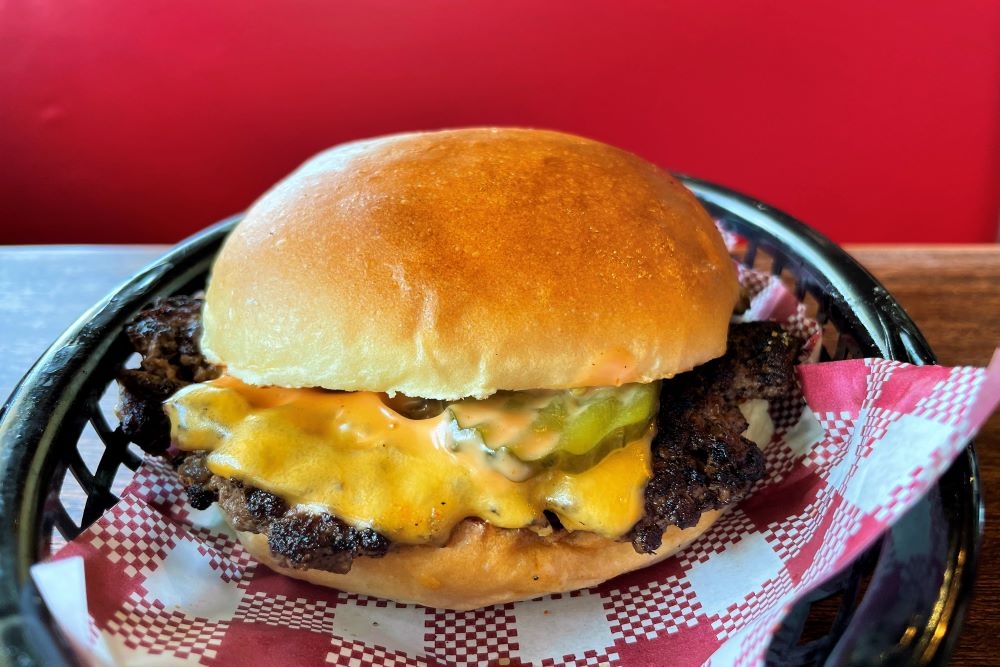 Burger in a basket at Bare Knuckles BBQ, Salisbury