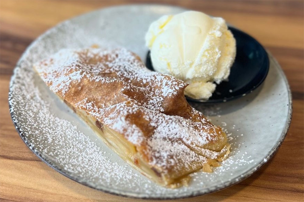 Apple strudel with ice cream at Bavarian Sizzle Coorparoo 
