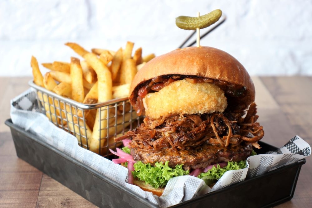 Chips and burger in a tray at Big Buns, Browns Plains 