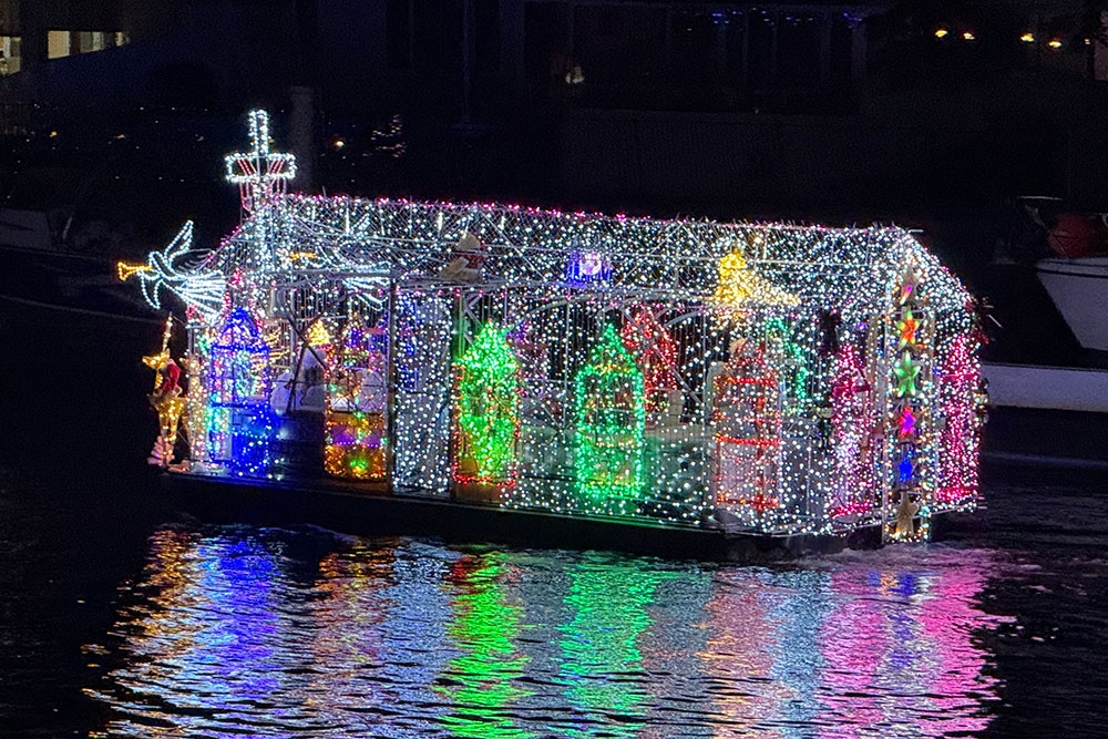 Boat lit up with lights making look like a church on Bribie Island  
