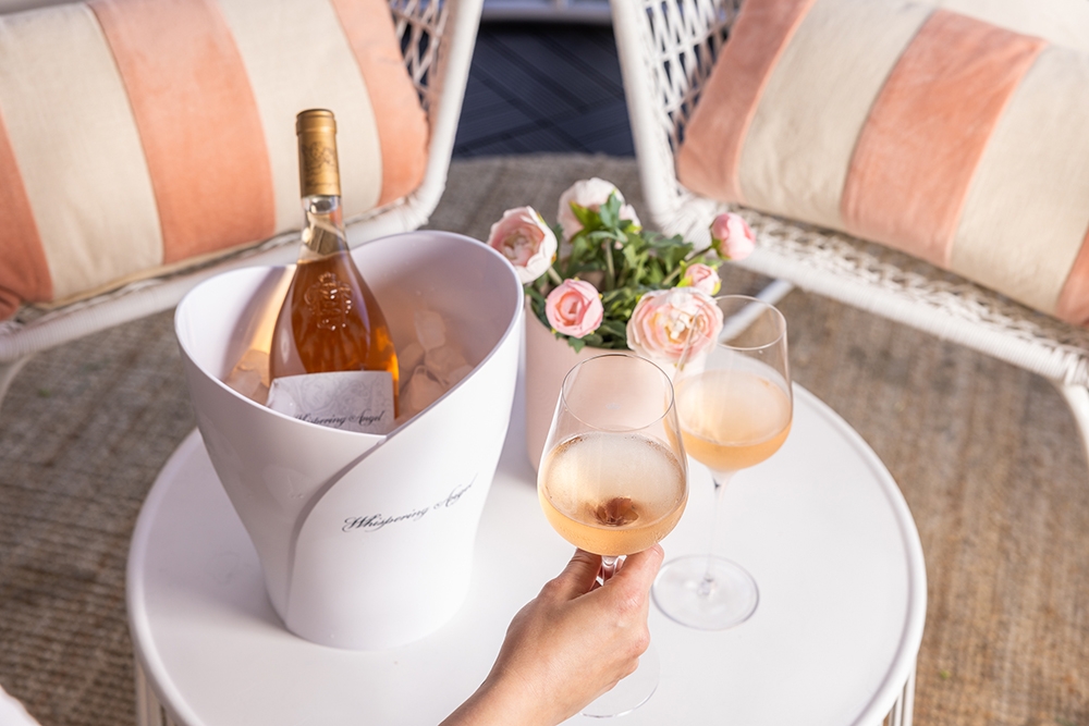 Bottle of Whispering Angel Rosé in a wine bucket