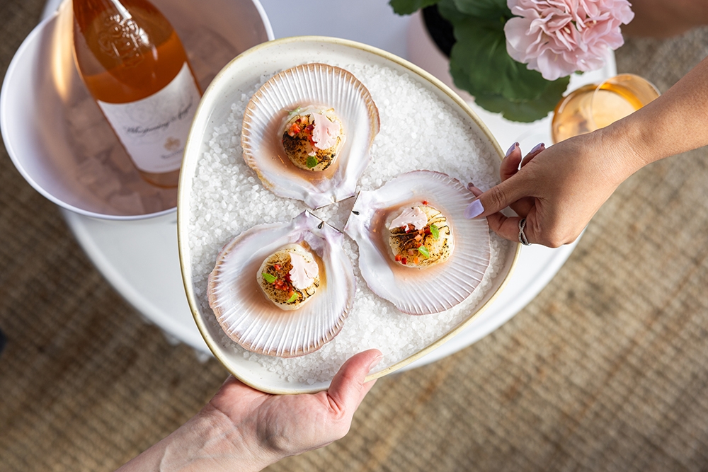 Hands holding plate of half shell scallops