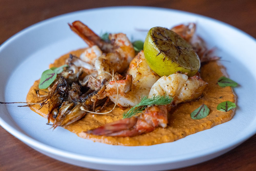 Prawn dish on sauce at Clover Neighbourhood Bar Holland Park