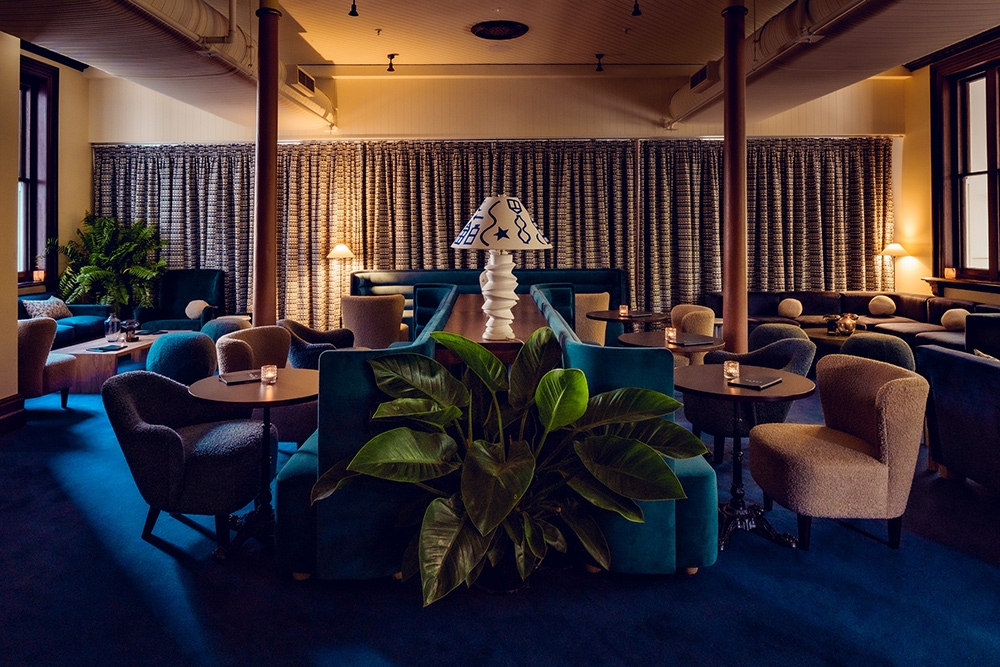 Blue bar seating with lamp at Club Felix Brisbane CBD