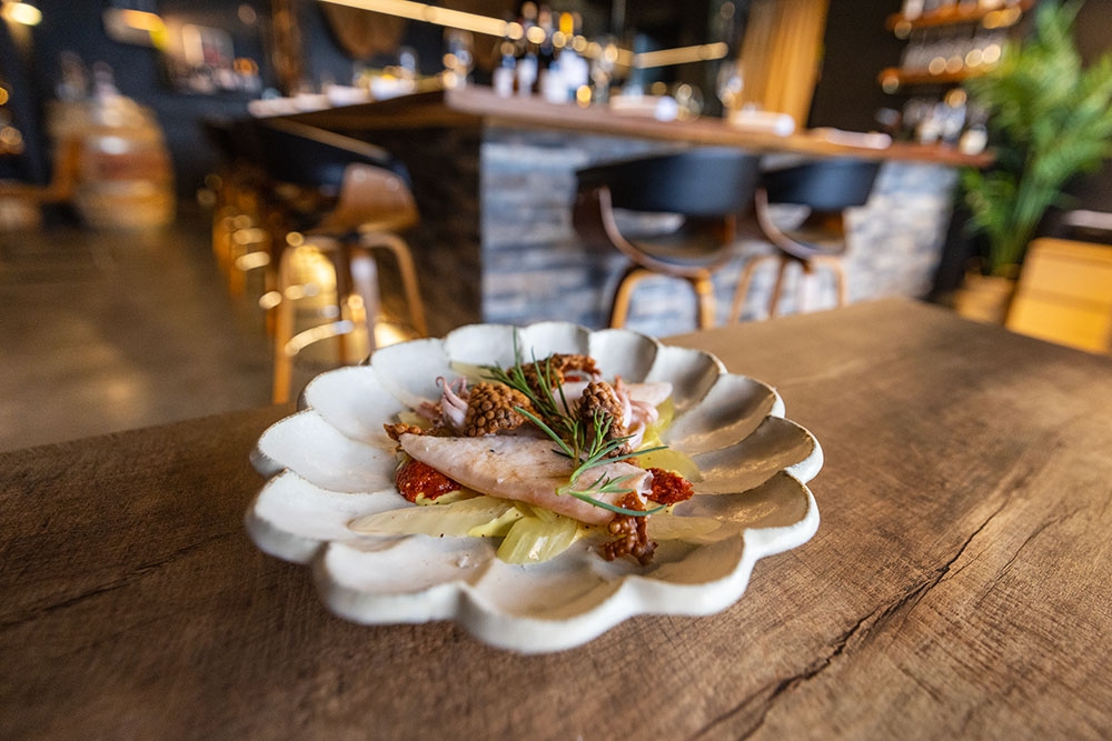 Seafood on a scalloped plate at D.Vino Woolloongabba