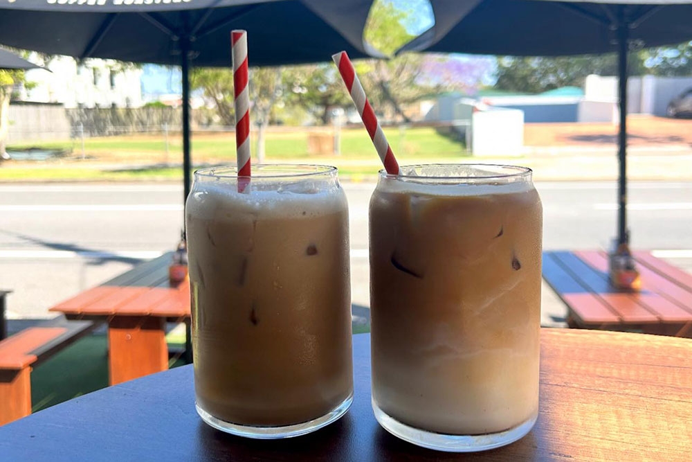 Iced coffees on table at Double Shot Panini New Farm
