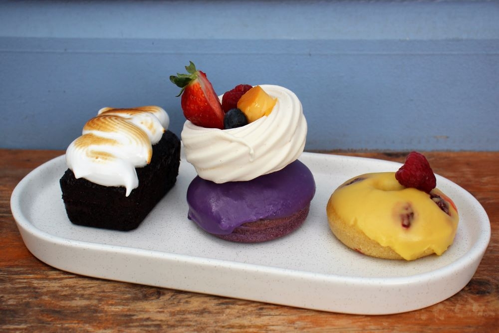 Three desserts on a plate at Dovetail Social, Highgate Hill 