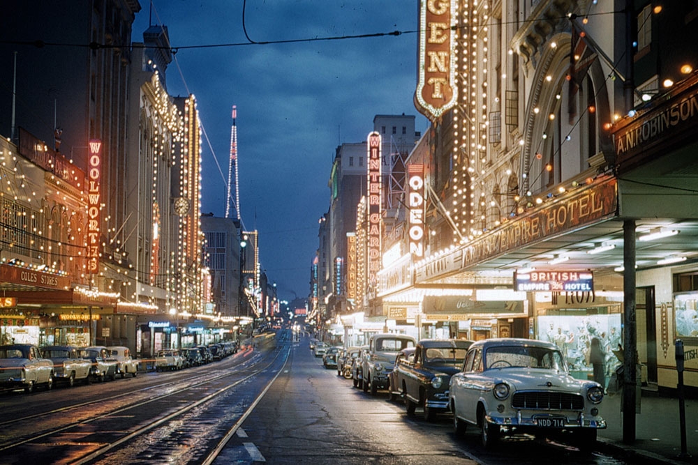 Night view of Queen Street Brisbane, 1959