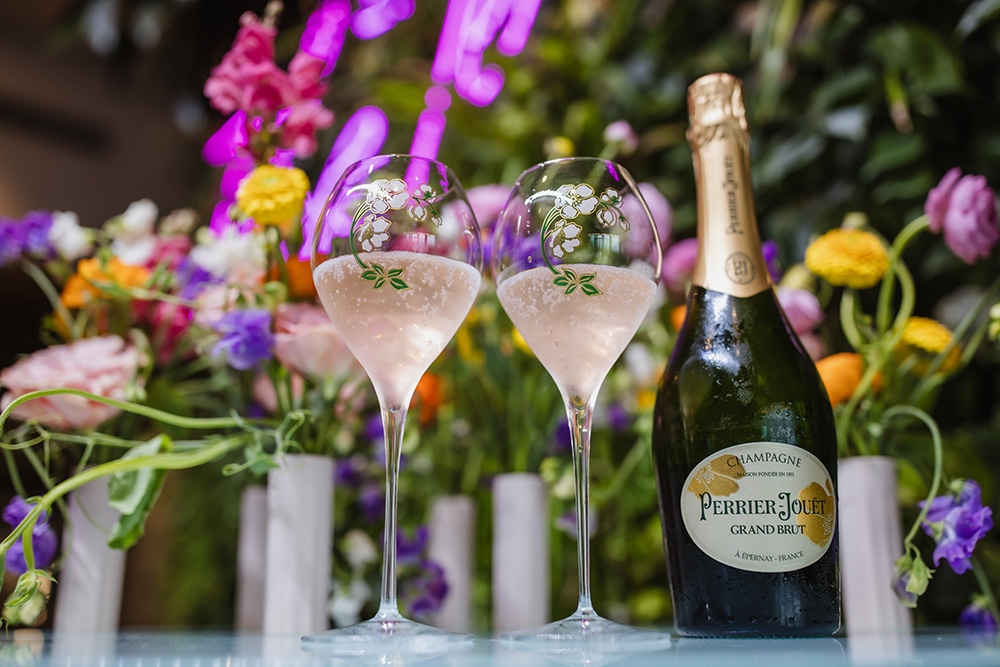 Bottle and two glasses of French Champagne Perrier-Jouët  