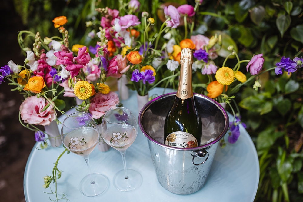 Two glasses and bottle of French Champagne Perrier-Jouët 