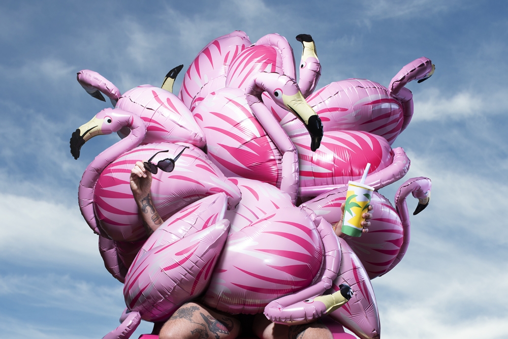 Flamingos on a mans lap sitting in a chair 