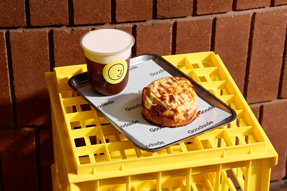coffee and pastry on crate at Goodside South Brisbane