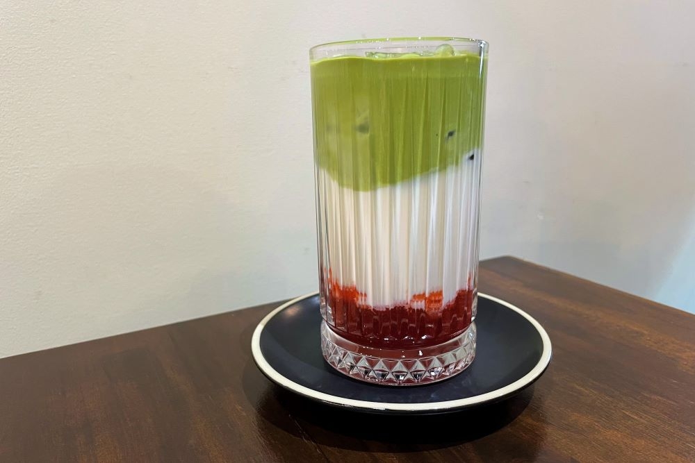 Matcha Cream Strawberry Latte drink at Jacorey Dessert Cafe Patisserie, Fortitude Valley