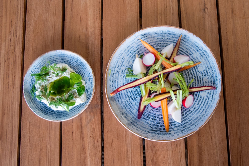 Crudite tzatziki, dill oil, seasonal baby vegetables, lemon salt at Mede restaurant Bulimba