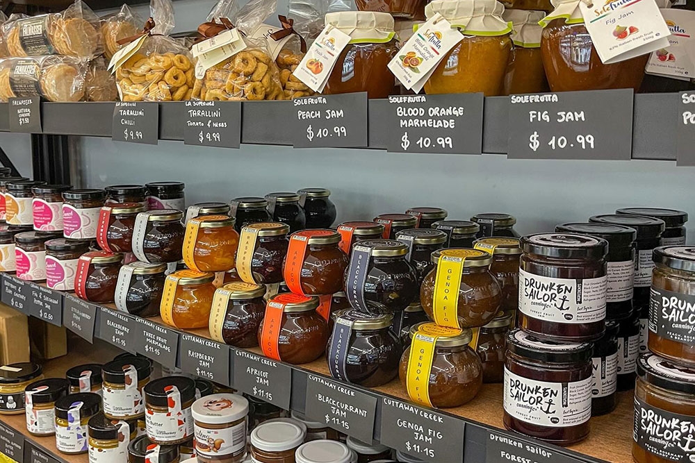 Pantry items on shelves at Mercatus Deli