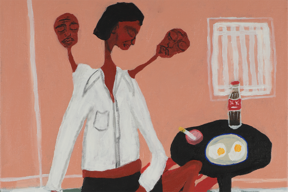 Painting of abstract lady with table 